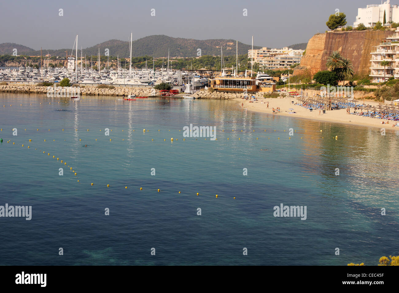 Scene looking westwards over Portals beach and Puerto Portals Marina, Calvia, South West Mallorca / Majorca Stock Photo