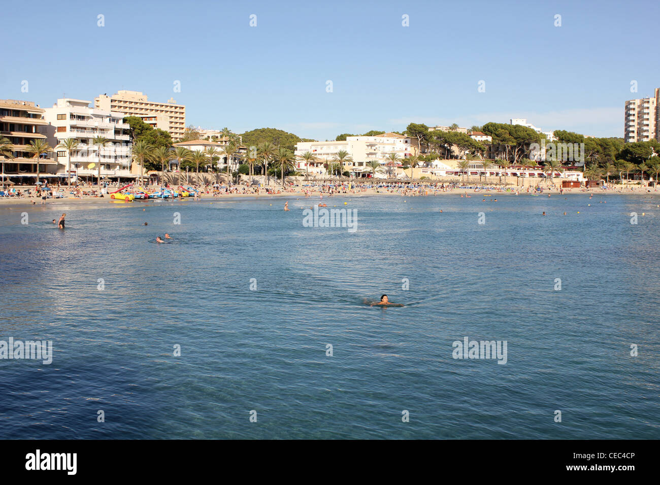 Beach panorama at Paguera / Peguera, Calvia, South West Mallorca / Majorca, Balearic Islands, Spain. Stock Photo