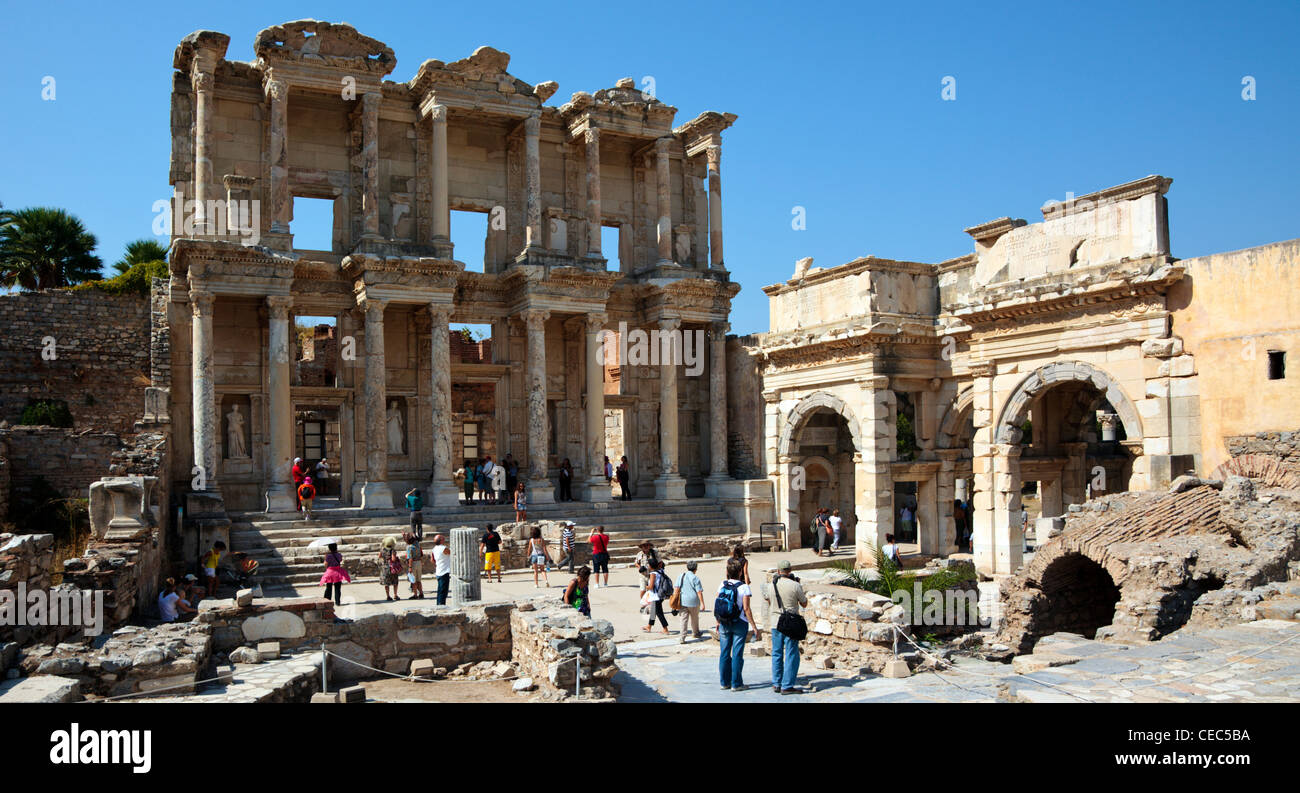 The Library of Celsus and the Augustus Gate in the ancient Ionian city of Ephesus Stock Photo