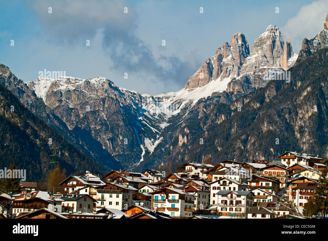 Auronzo di Cadore with Tre Cime di Lavaredo in the background, Dolomites, Italy Stock Photo