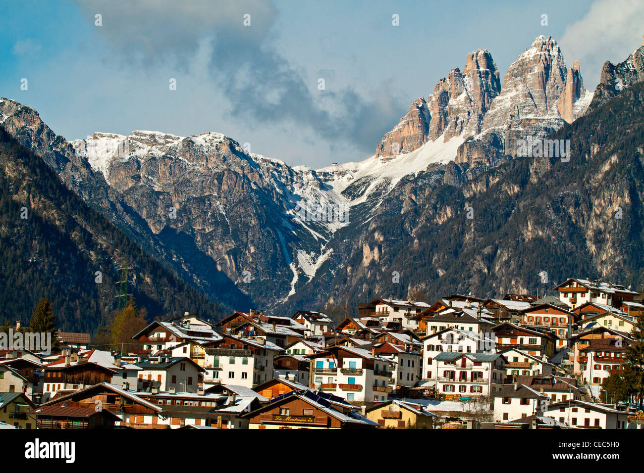 Auronzo di Cadore with Tre Cime di Lavaredo in the background, Dolomites, Italy Stock Photo