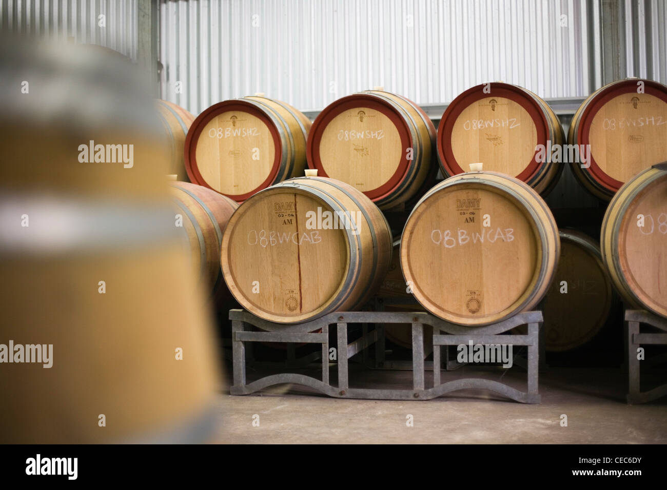 Oak barrels in a winery.  Margaret River, Western Australia, AUSTRALIA Stock Photo