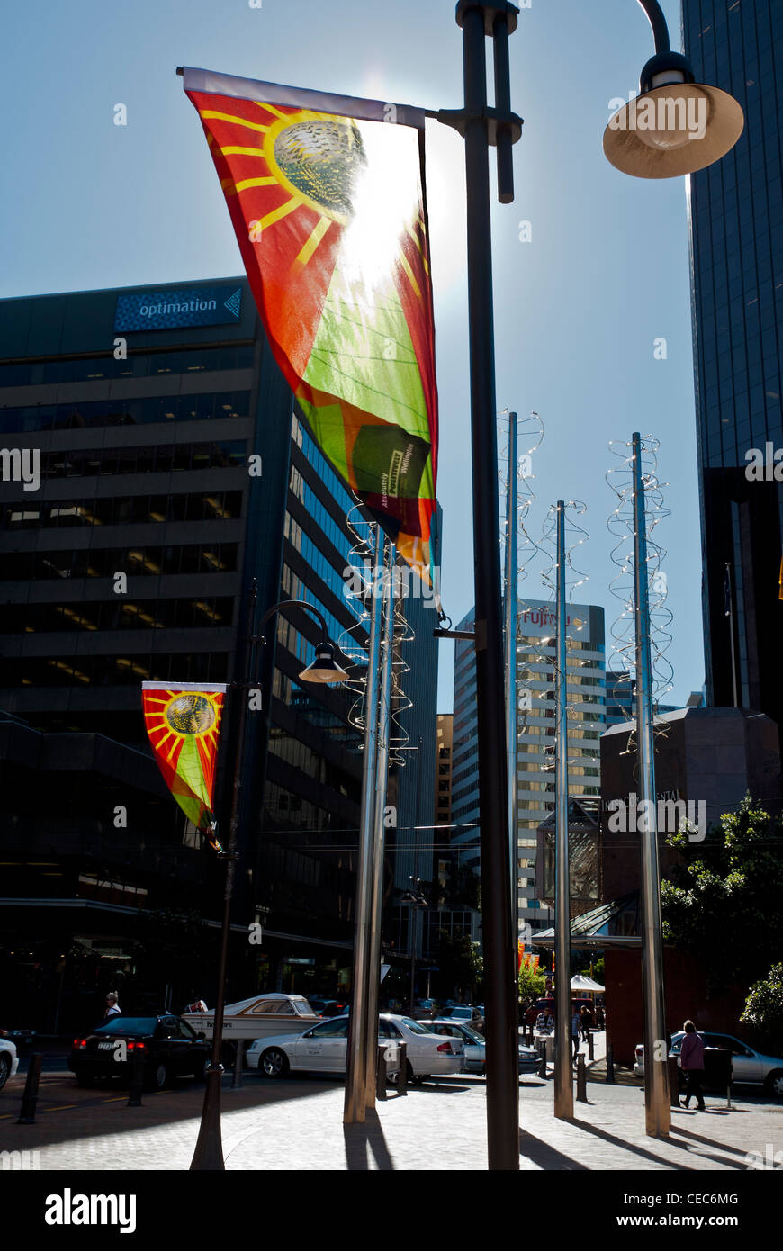 Wellington New Zealand City Flags Tower Blocks Cbd Square Art Work
