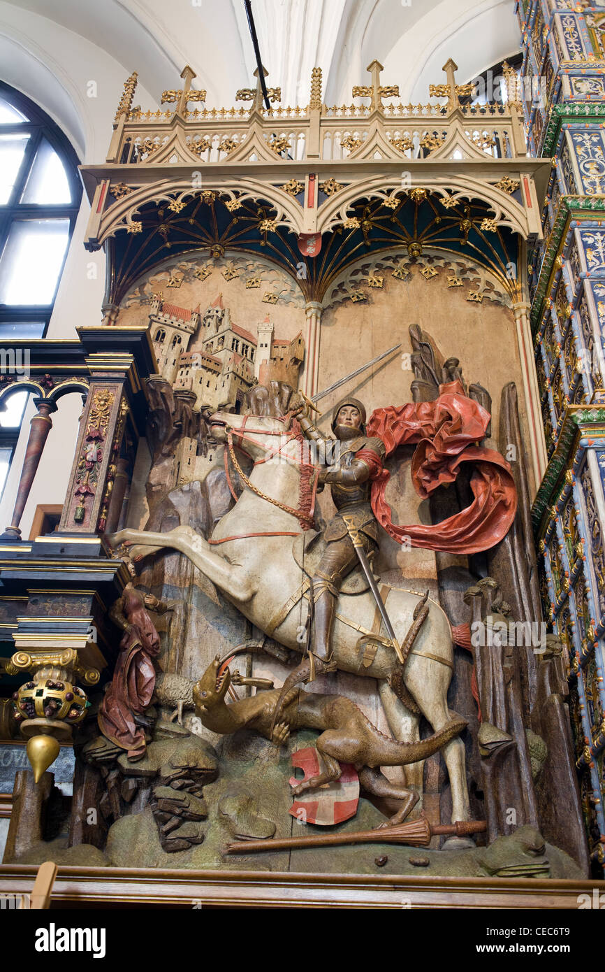 Gothic statue sculpture of the St. George and the Dragon from 1485 at the Artus Court in Gdansk, Poland Stock Photo