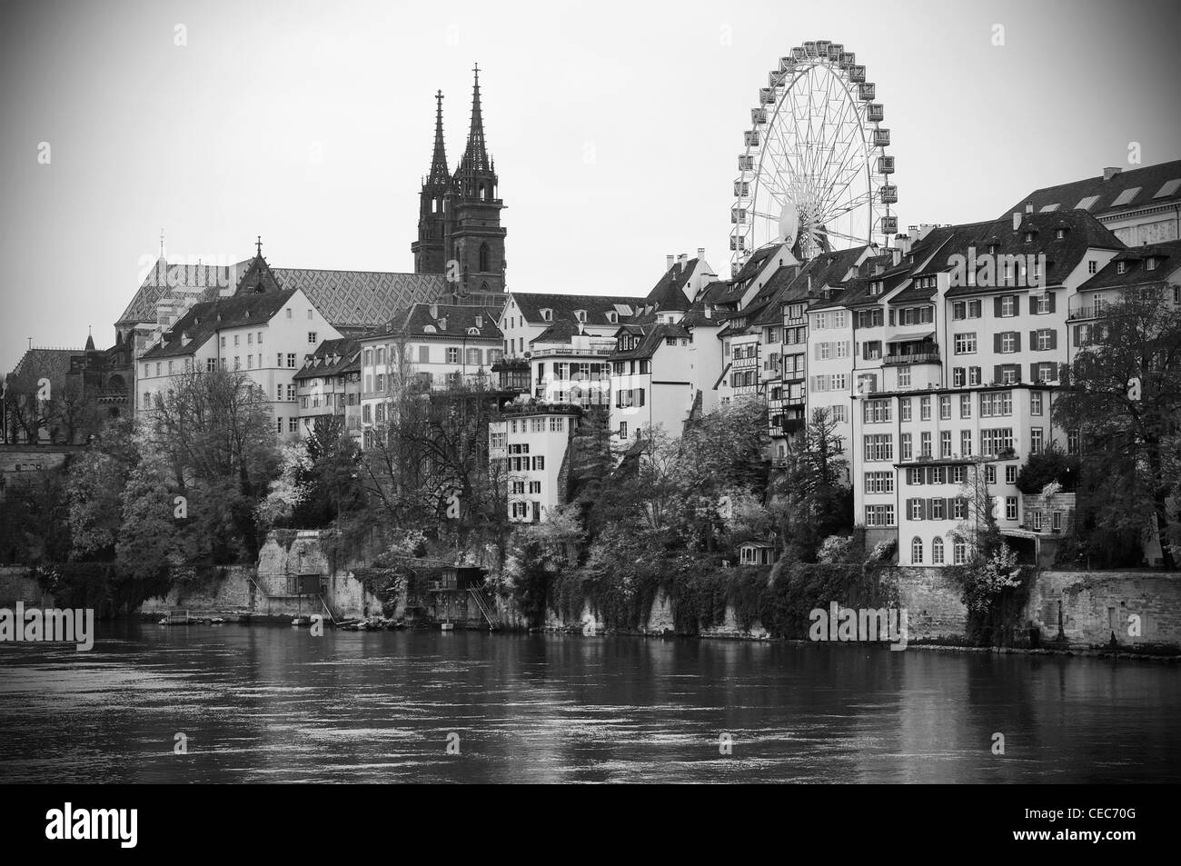 View from the Rhine river toward the Muenster during the Herbstmesse (Fall Fair), Basel, Basel City, Switzerland Stock Photo
