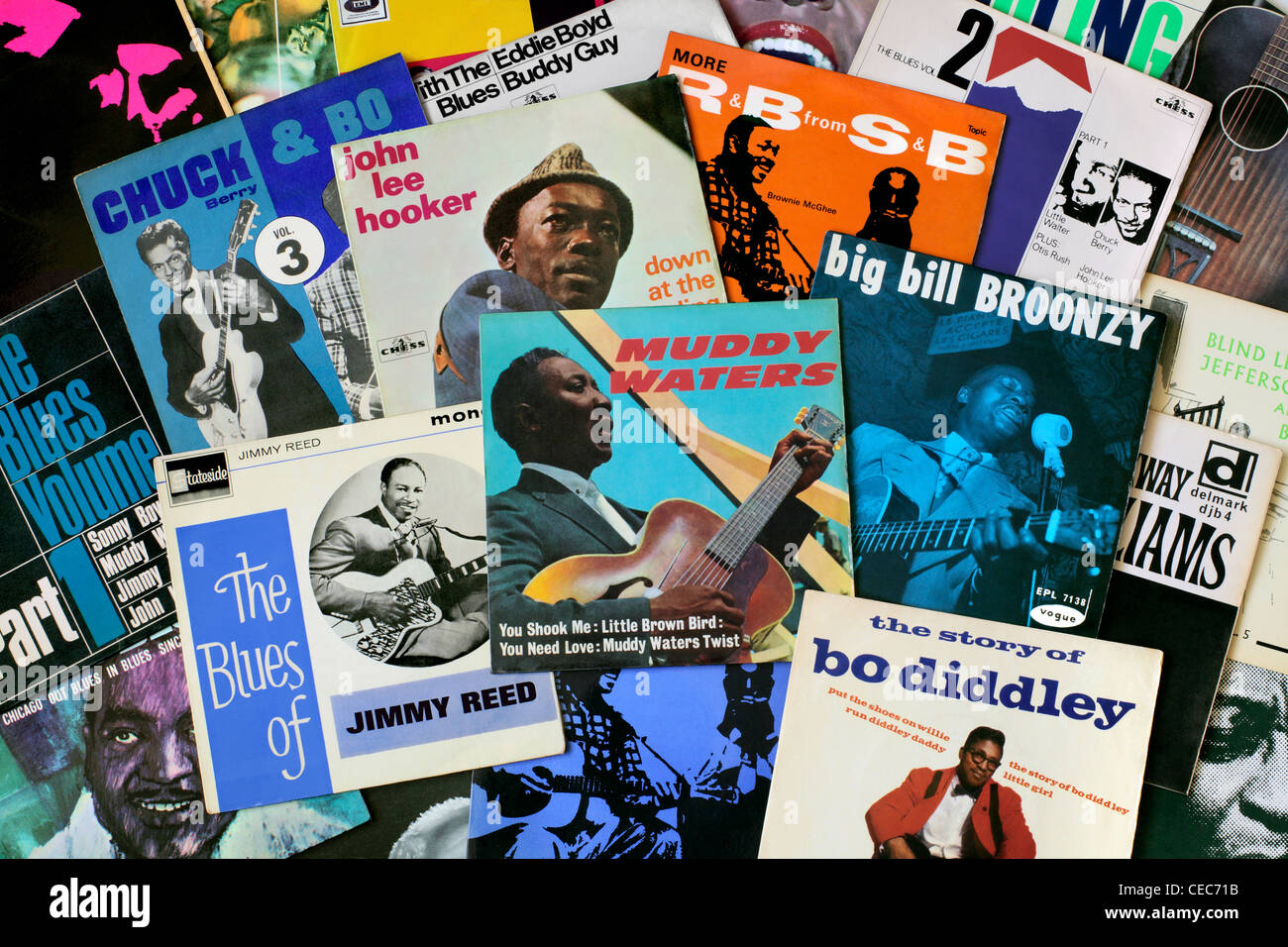 A selection of blues EPs mostly from the 1960s. EPs being 7' vinyl records with, usually, 2 tracks per side and LP-style sleeves Stock Photo