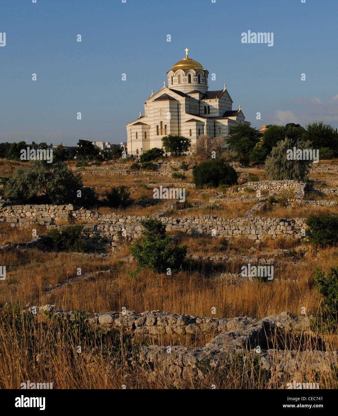 Ukraine. Ruins of greek colony Chersonesus Taurica. 6th century BC next to Neo-Byzantine Russian Orthodox Church. Sevastopol. Stock Photo