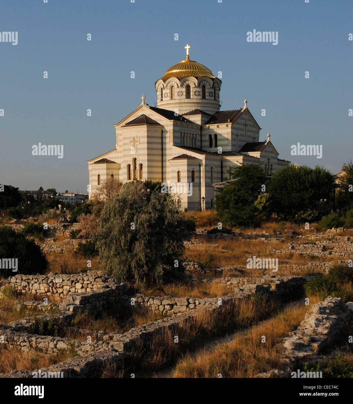 Ukraine. Ruins of greek colony Chersonesus Taurica. 6th century BC next to Neo-Byzantine Russian Orthodox Church. Sevastopol. Stock Photo