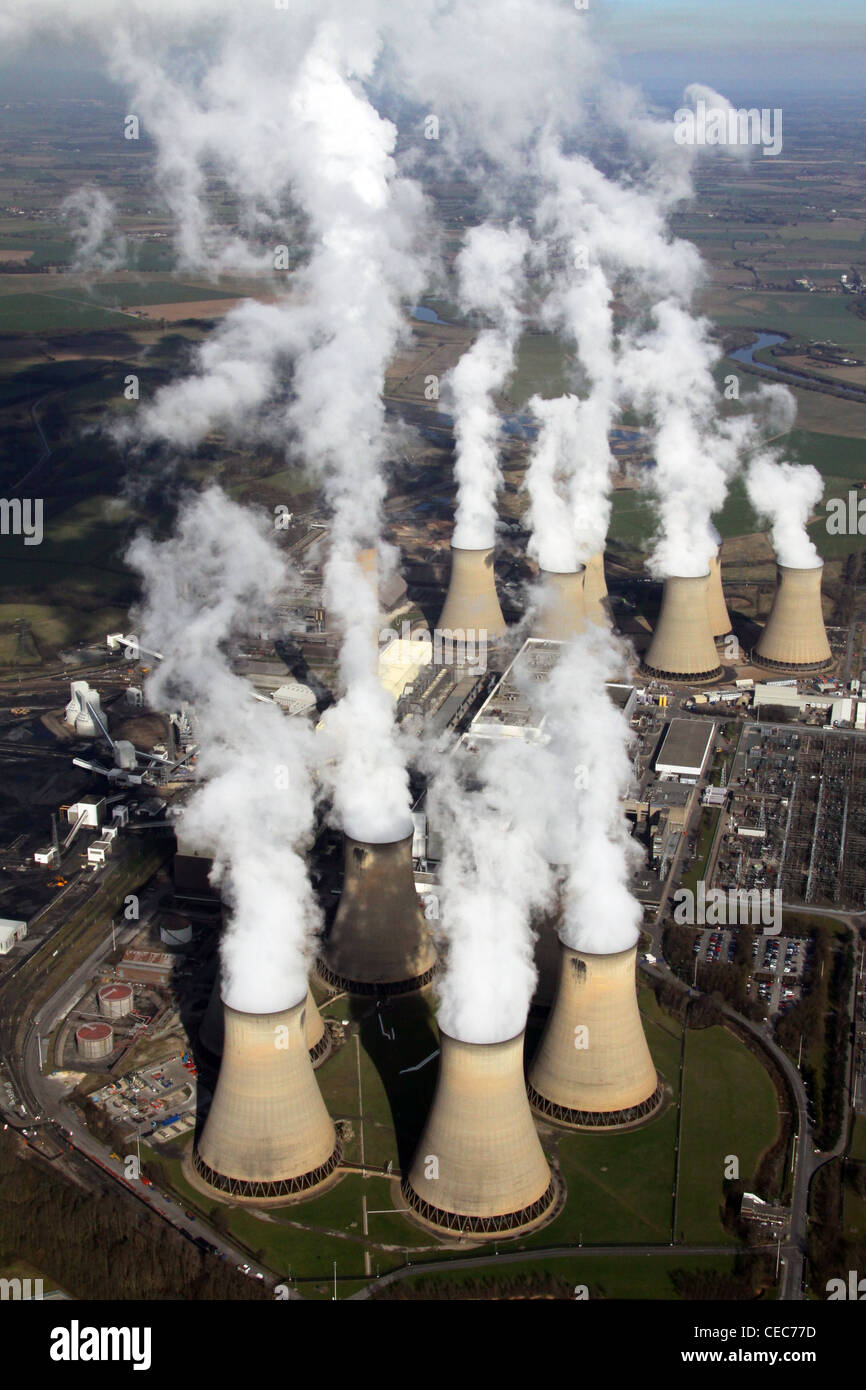 Aerial image of Drax Power Station near Selby, North Yorkshire. Steam emissions pollution. Stock Photo