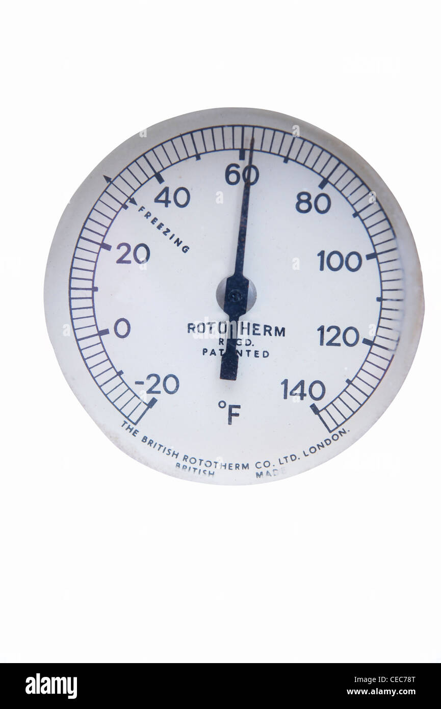 Indoor thermometer indicating cold temperatures Stock Photo