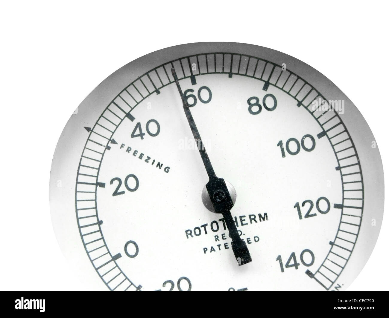 Indoor thermometer indicating very cold temperatures Stock Photo