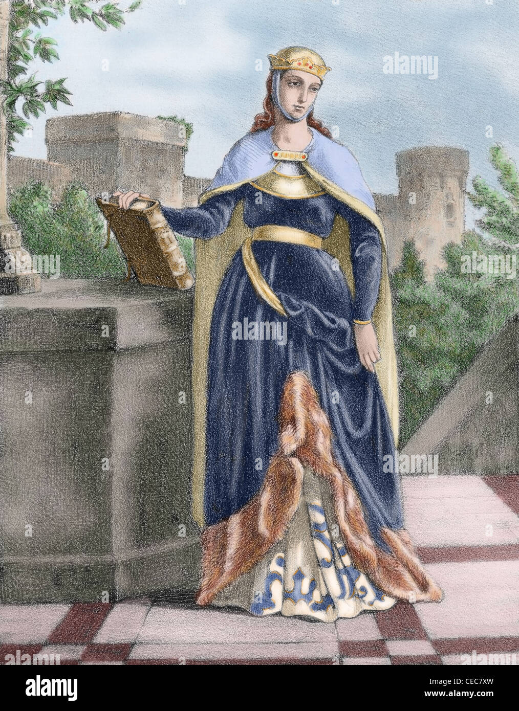Berengaria (1180-1246). Queen regnant of Castile in 1217 and Queen consort of León from 1197 to 1204. Colored engraving. Stock Photo