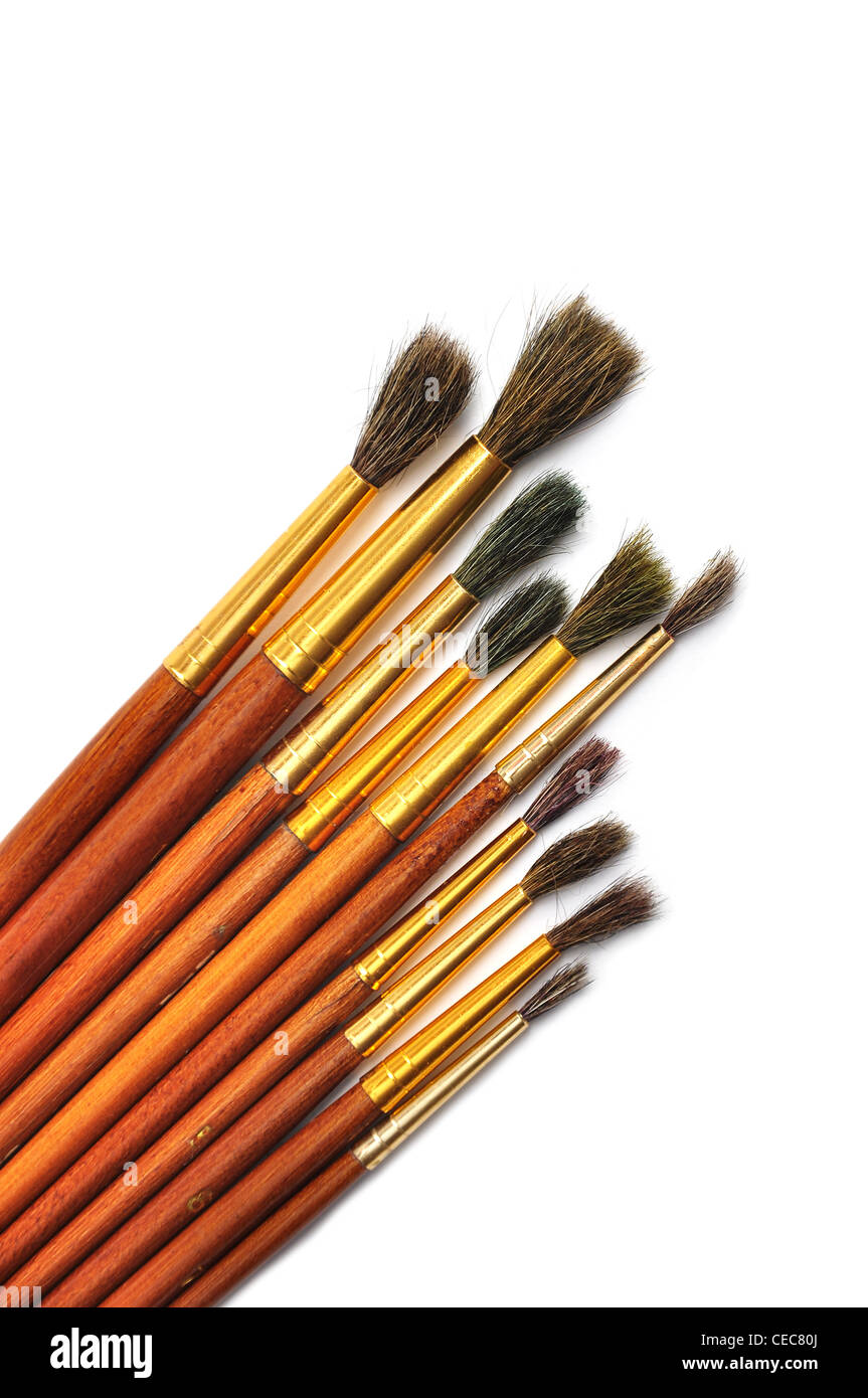 different art brushes closeup over white background Stock Photo Alamy