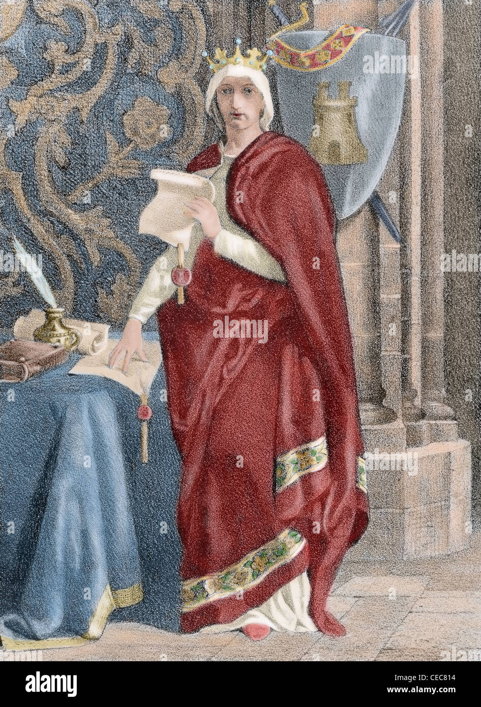 María de Molina (c. 1265-1321). Queen consort of Castile and León from 1284 to 1295 and regent. Colored engraving. Stock Photo