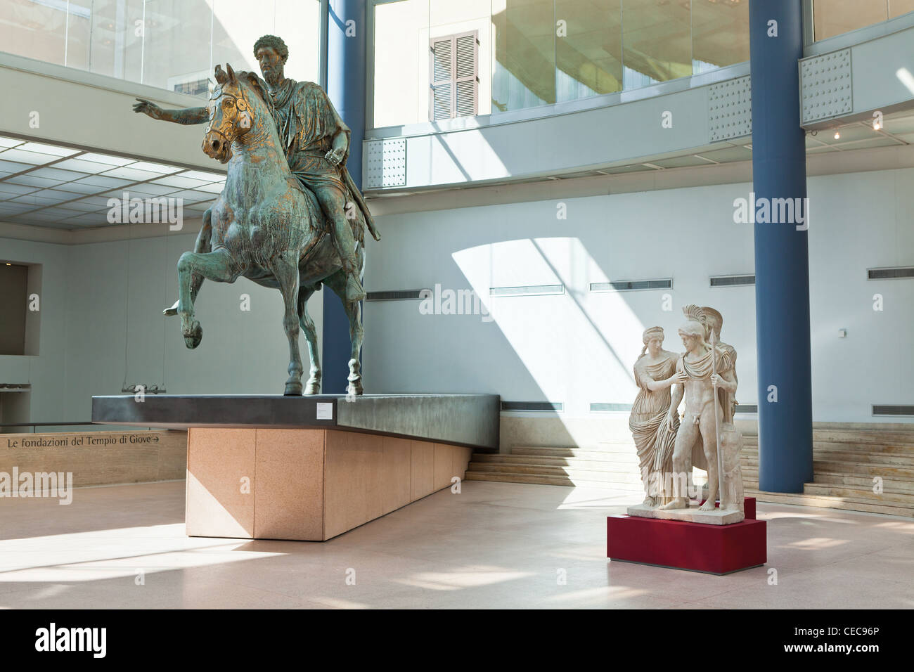 Brronze equestrian statue of the Roman Emperor Marcus Aurelius and marble group statue of Venus and Mars. Capitoline Museum Rome Stock Photo