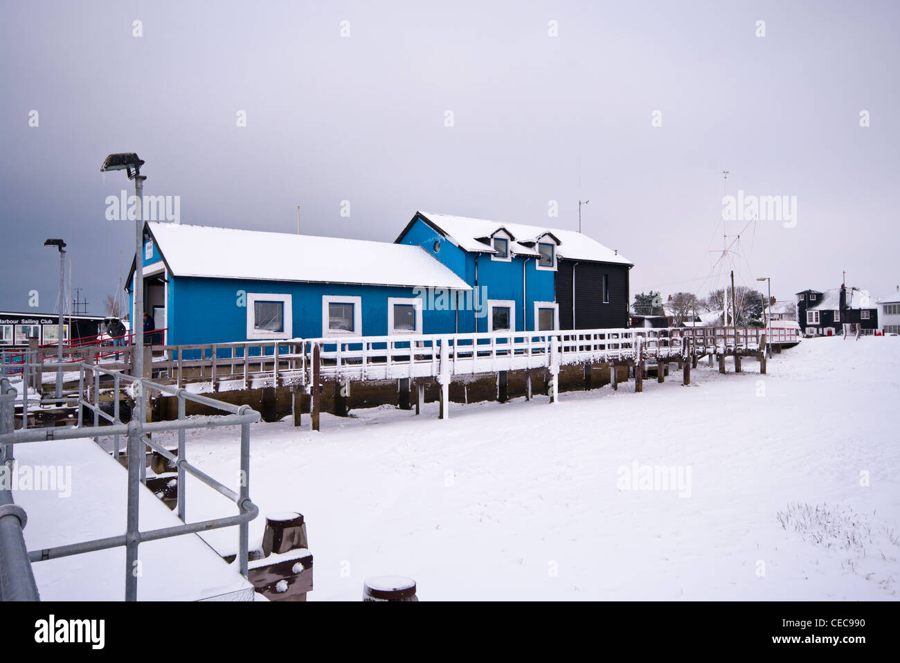 RNLI Lifeboat Boathouse In Winter at Rye Harbour East Sussex UK After Heavy Snow Stock Photo