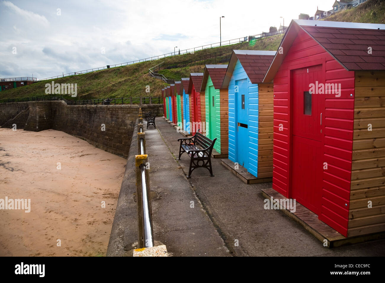 Colourful Beach huts, Cullercoats, Tynemouth. England uk. Stock Photo