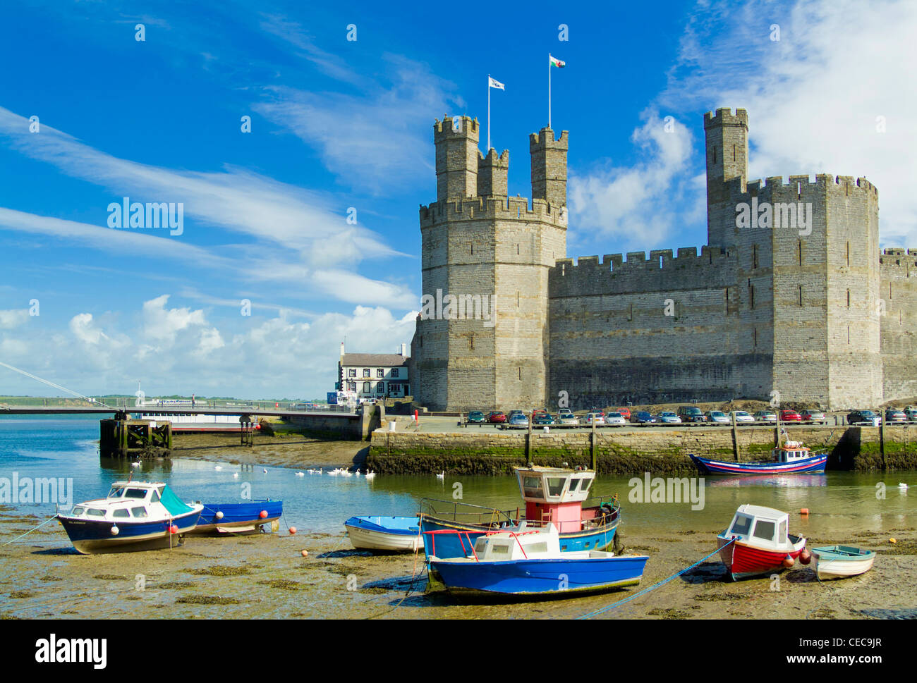Towers and battlements of Caernarfon Castle a medieval monument in North Wales UK GB EU Europe Stock Photo