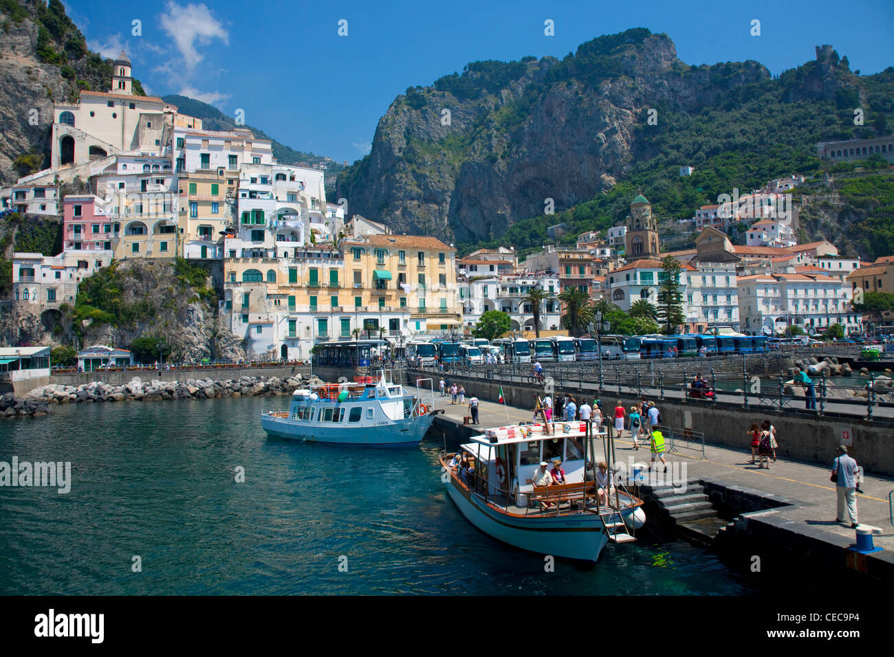 Excursion boat at the pier of village Amalfi, Amalfi coast, Unesco World Heritage site, Campania, Italy, Mediterranean sea, Europe Stock Photo
