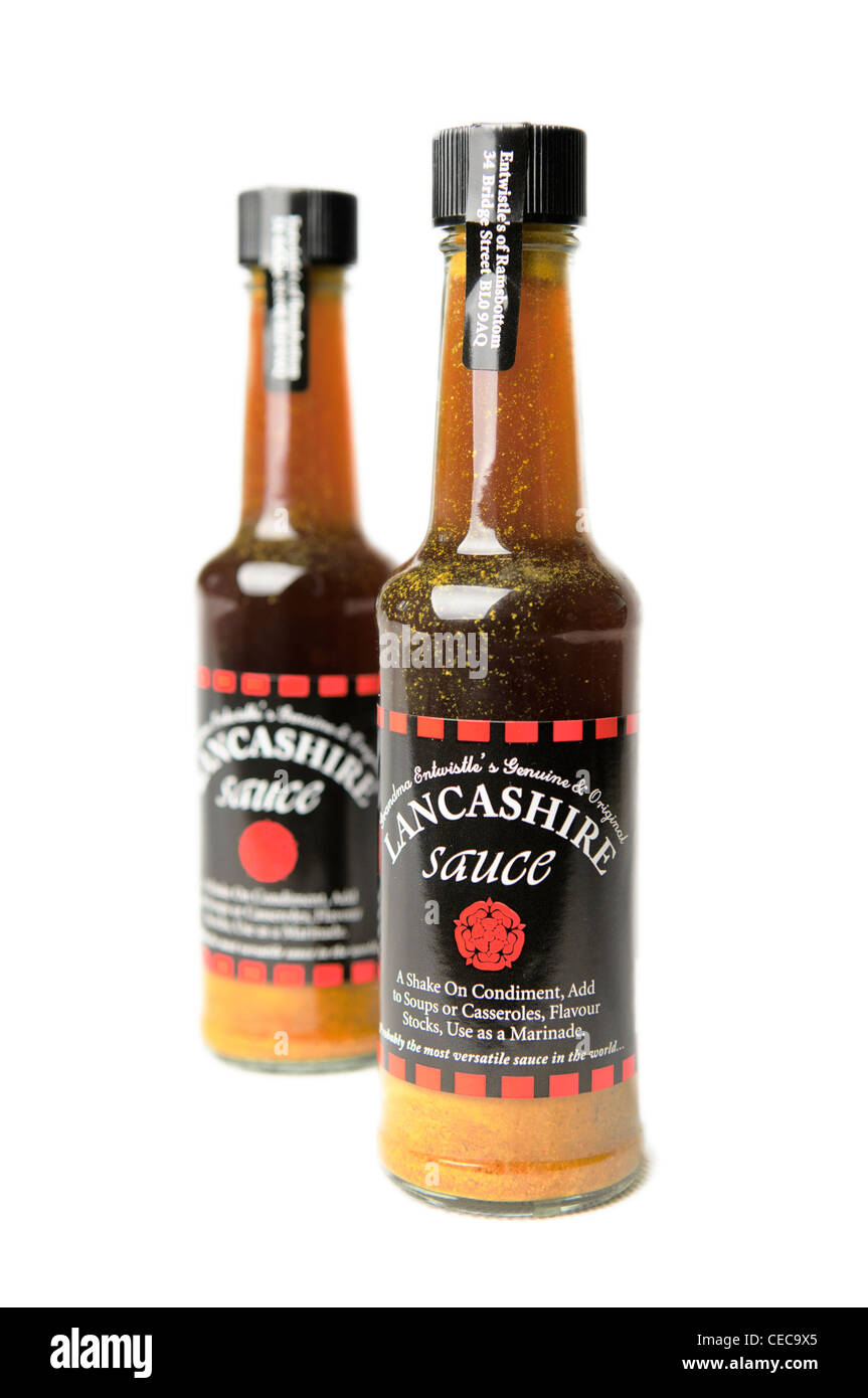 Bottles of Lancashire Sauce, condiment from North West England. Stock Photo