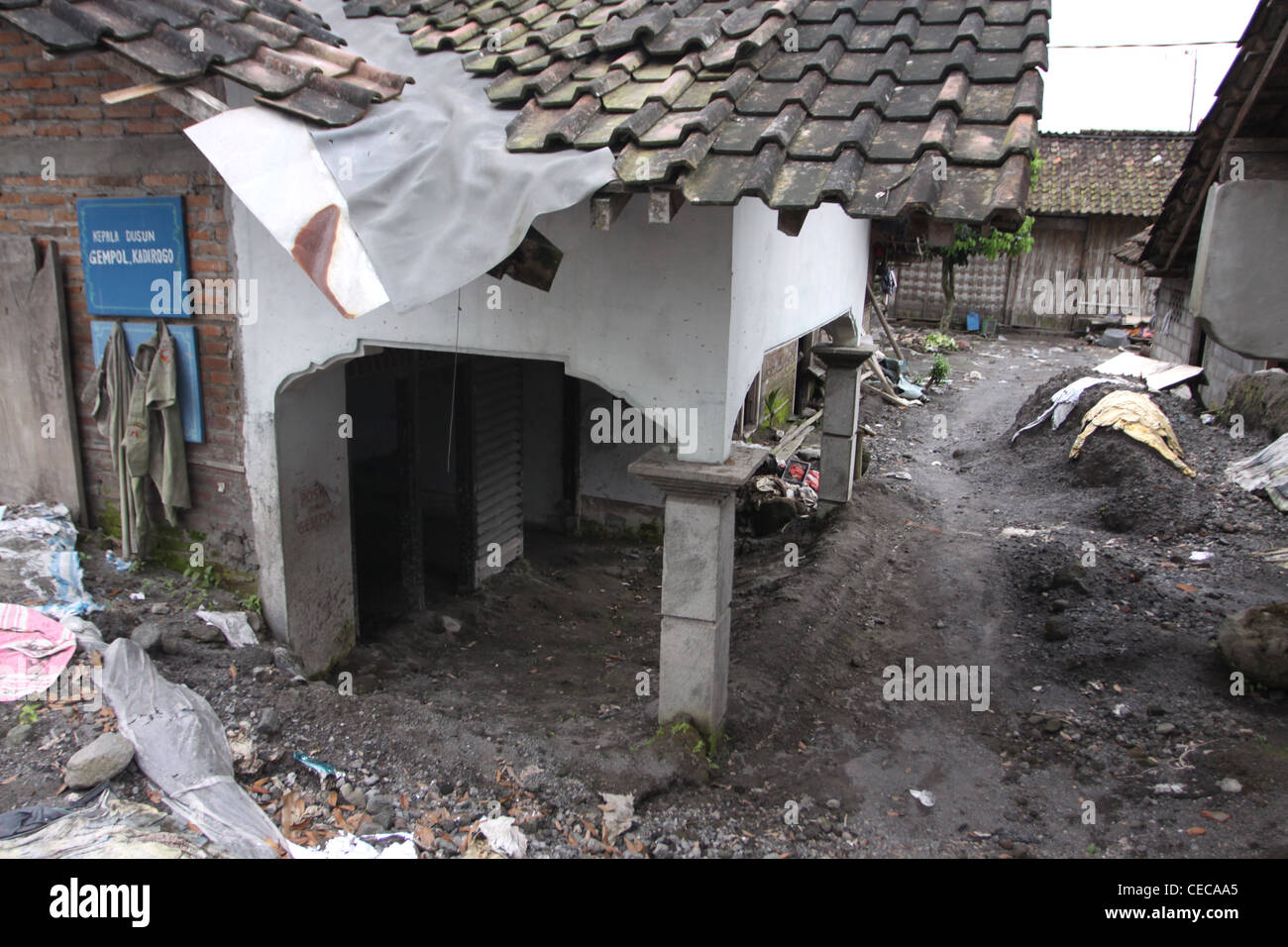 Lahar damage village from Mt. Merapi volcano eruption Yogyakarta Indonesia Stock Photo