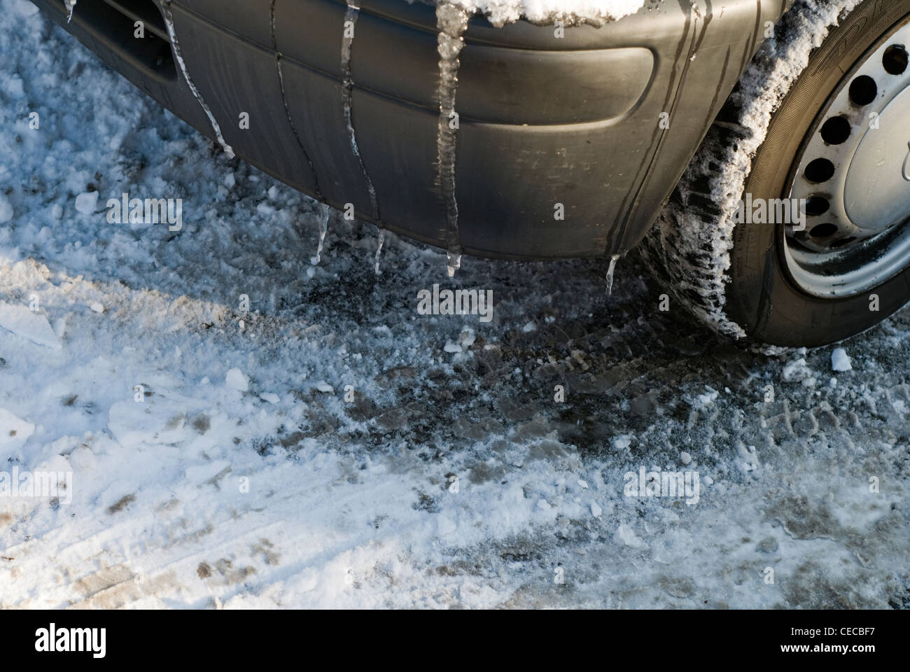 Detail of an icy car parked on a snowy road in winter Stock Photo