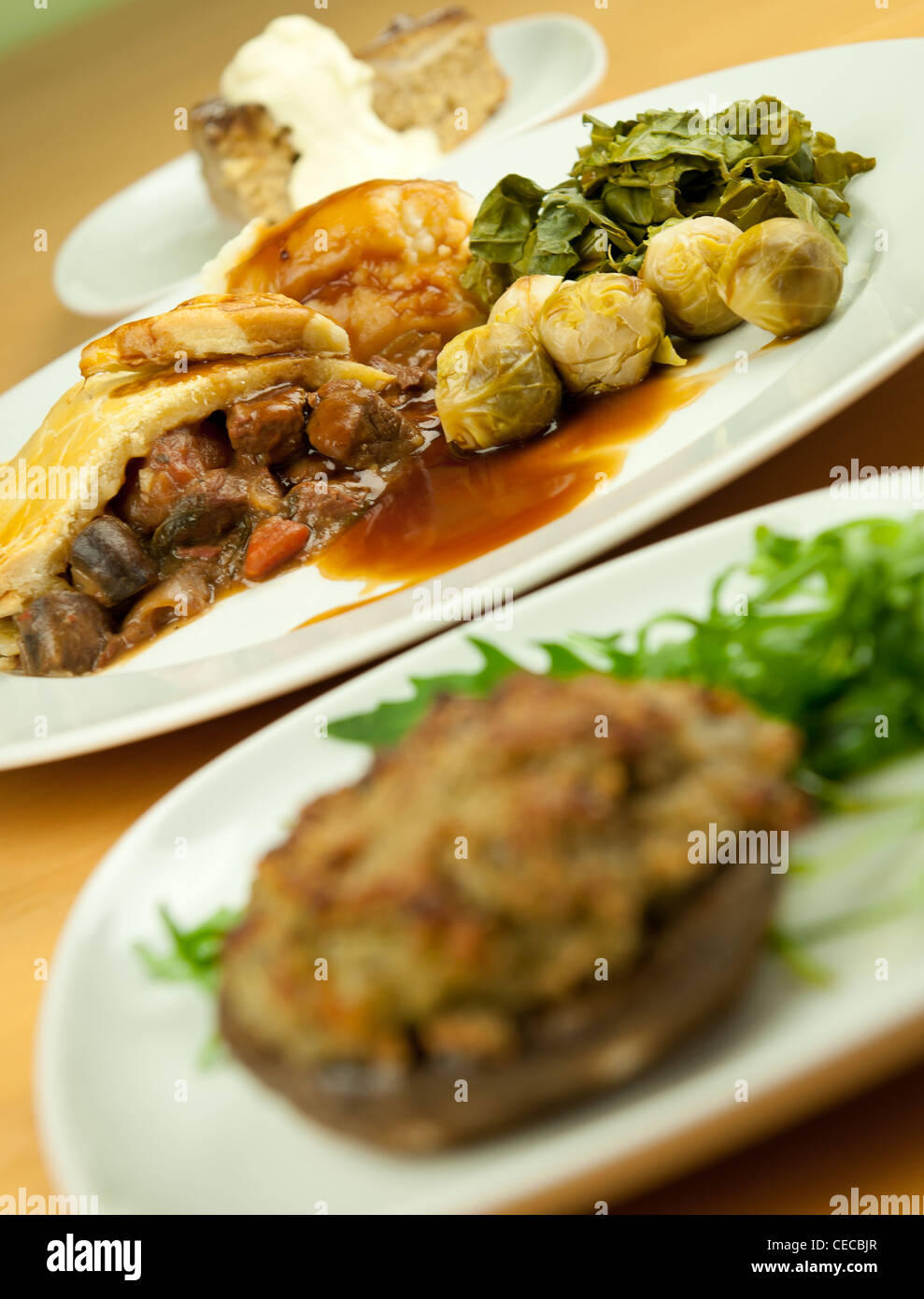 An angled shot of a 3 course meal Stock Photo