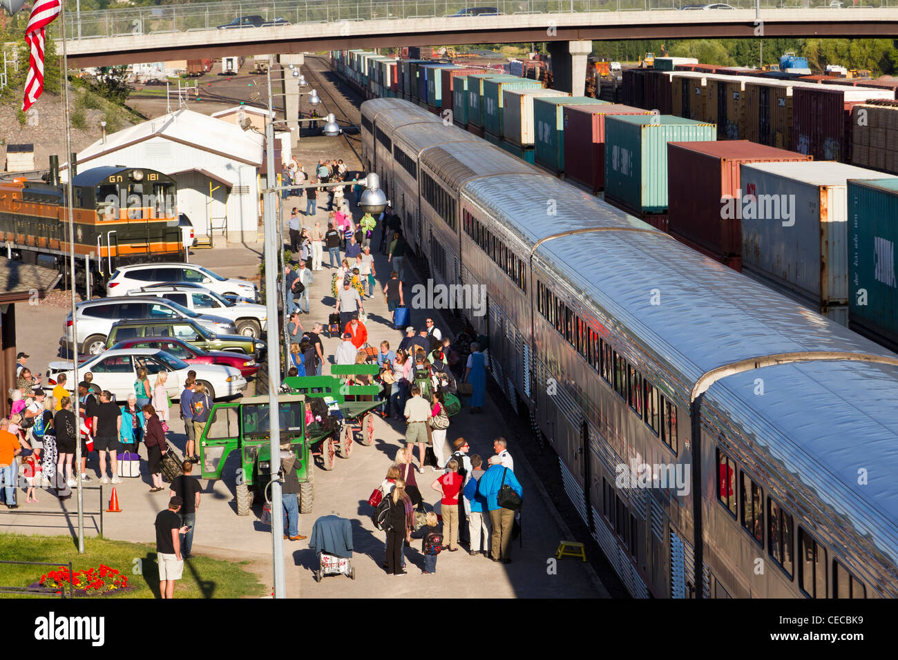 Empire Builder AMTRAK Train pulls into the Whitefish Depot in Whitefish, Montana, USA Stock Photo