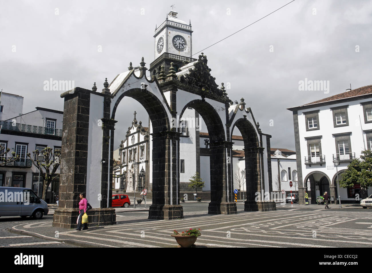 Azores San Miguel Island Portugal Ponta Delgada Portas da Cidade town gates Stock Photo