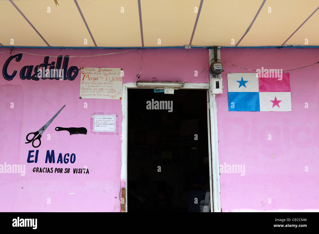 Detail of entrance to barbers shop and Panamanian flag, Las Tablas , Azuero Peninsula , Panama Stock Photo