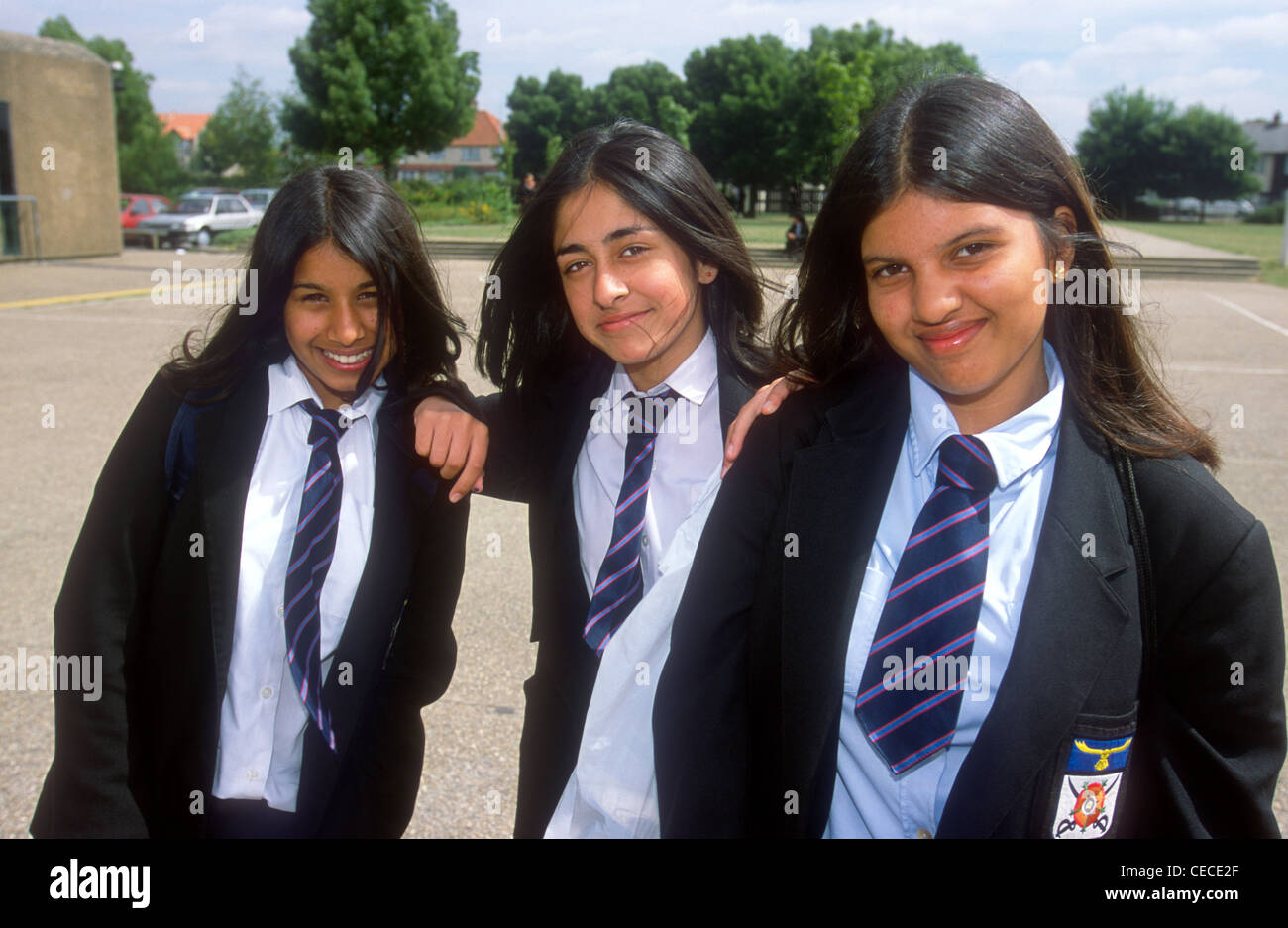 Secondary school pupils in playground, Heathland School, Hounslow, Middlesex, UK. Stock Photo