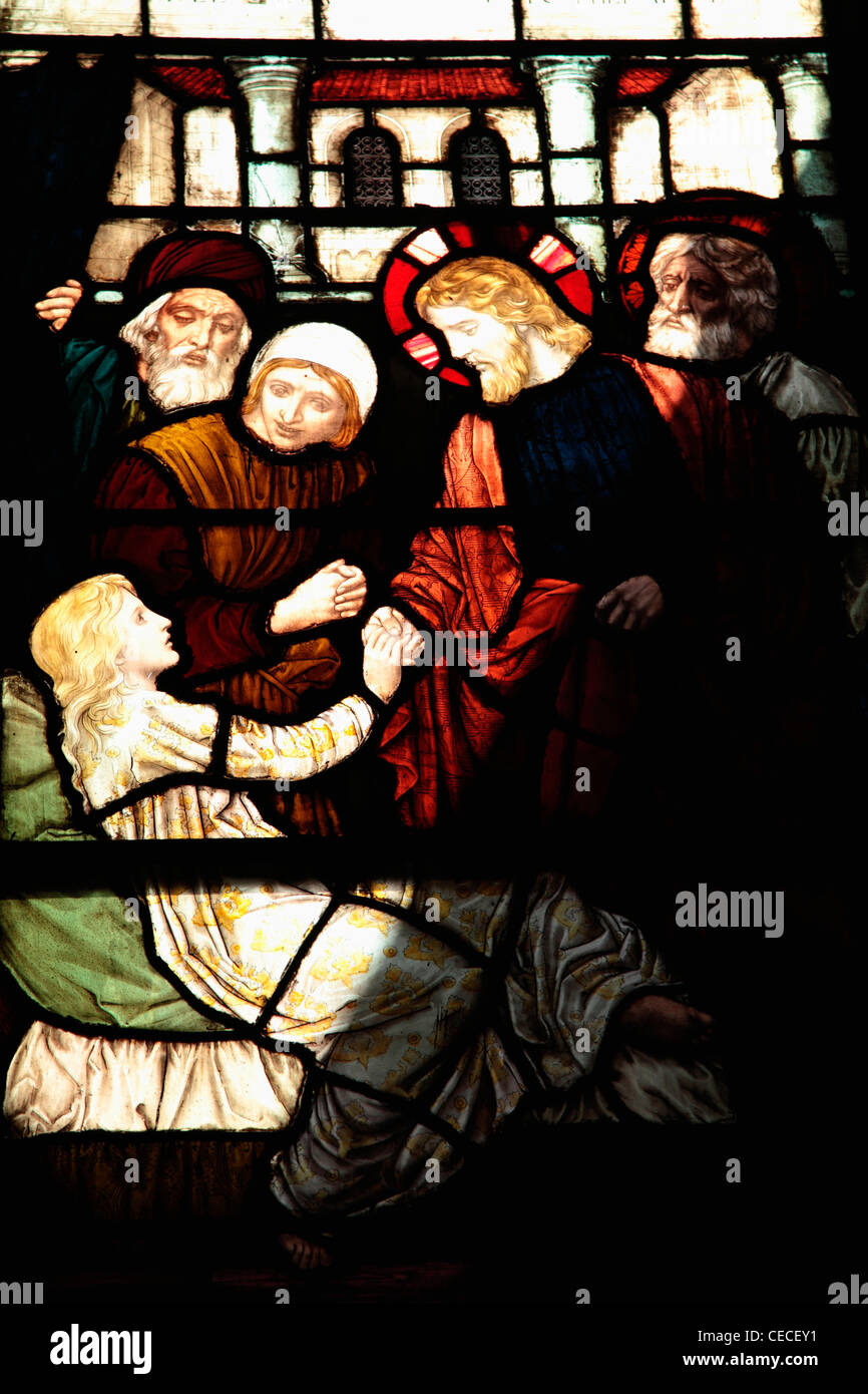 USA, New York, New York City, Stained glass window of Gothic style