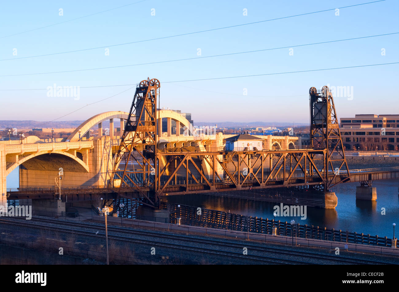 vertical lift bridge and robert street bridge spanning mississippi river in saint paul minnesota Stock Photo