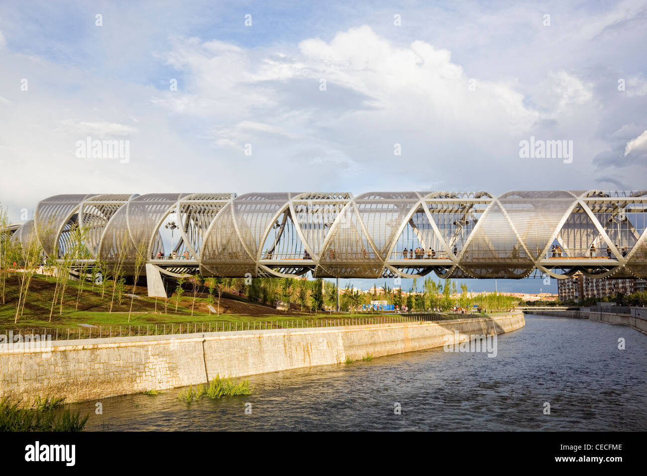 Close view of the Perrault bridge in Madrid, over the river Manzanares Stock Photo