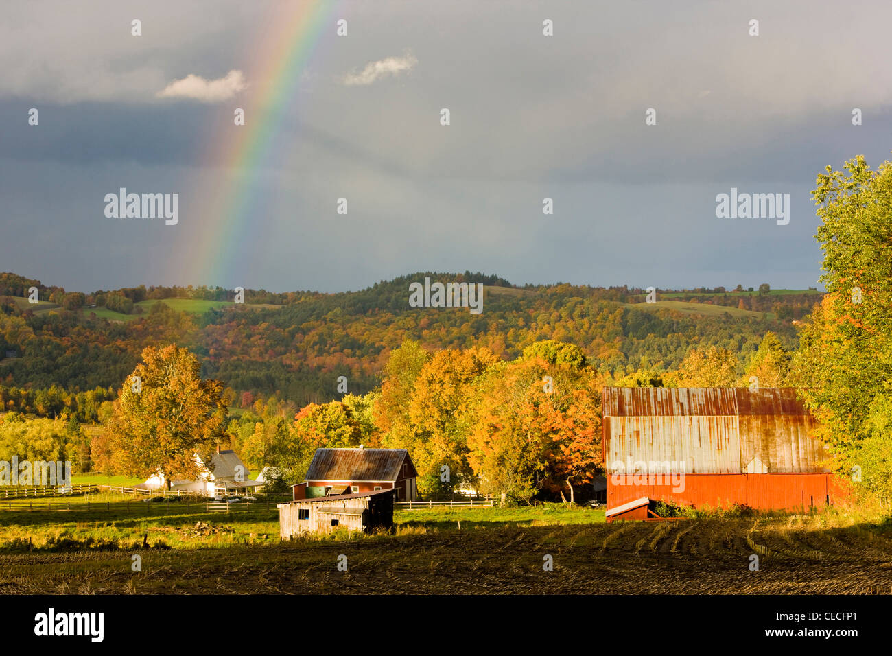 A rainbow over farms in Peacham, Vermont. Fall Stock Photo Alamy