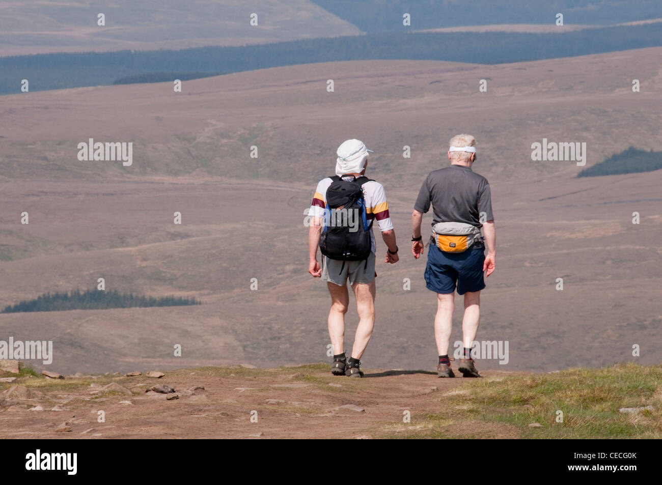 Two elderly men in shorts walking together on high exposed sunny summit of Pen-y-Ghent & scenic rolling upland hills - North Yorkshire, England, UK Stock Photo