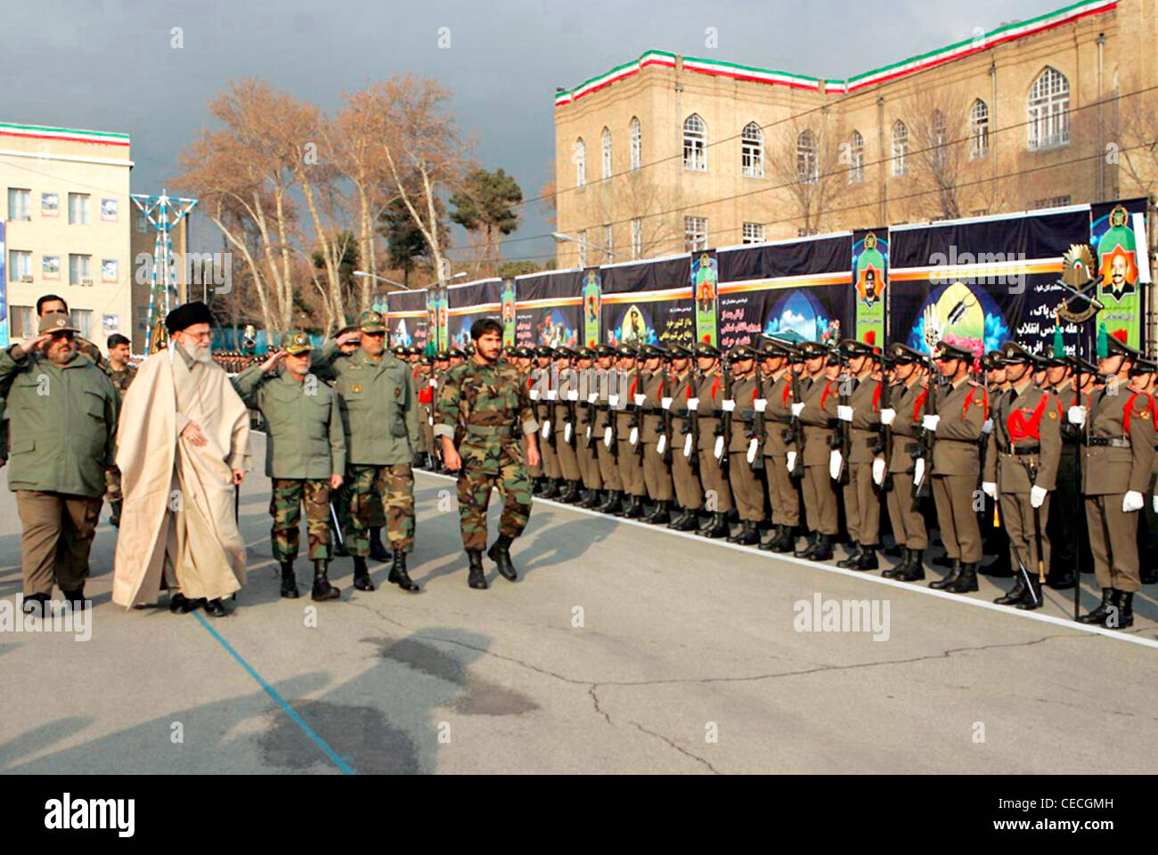 Spiritual Leader of the Islamic Republic of Iran and Commander of the army Ayatollah Khamenei at a parade of the Iranian army. Stock Photo