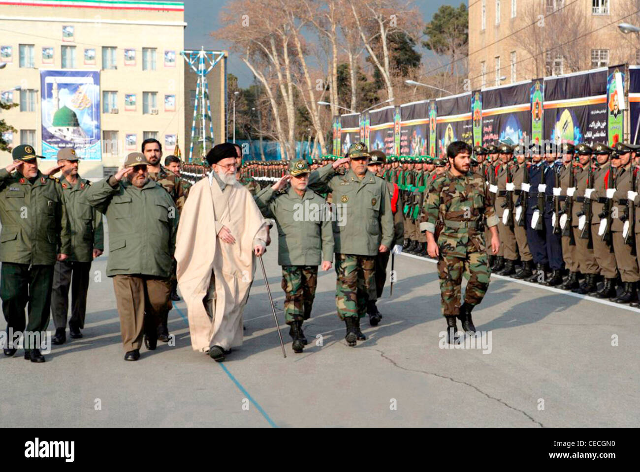 Spiritual Leader of the Islamic Republic of Iran and Commander of the army Ayatollah Khamenei at a parade of the Iranian army. Stock Photo