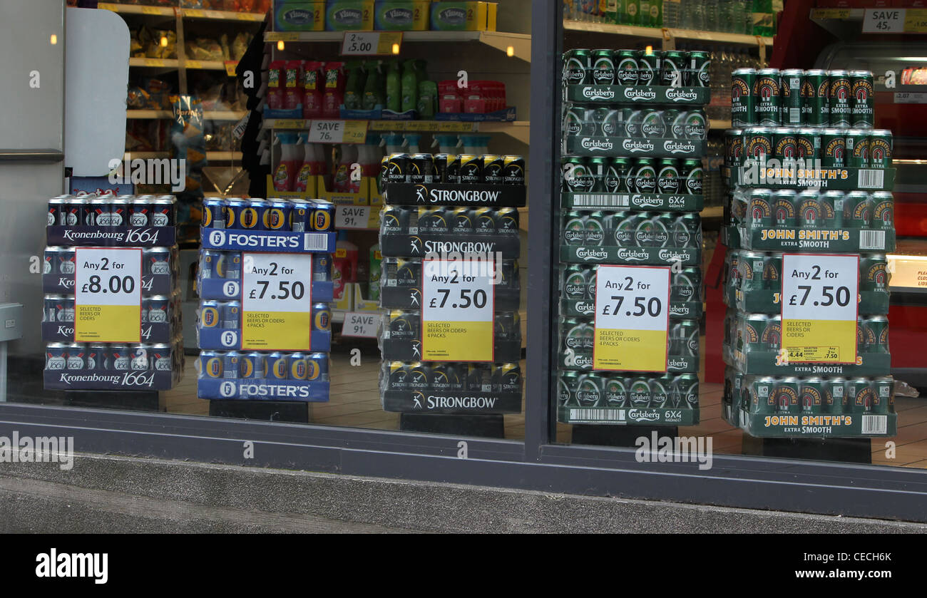 Selection of cut-price beer in a Tesco shop window in Brighton, East Sussex, UK. Stock Photo