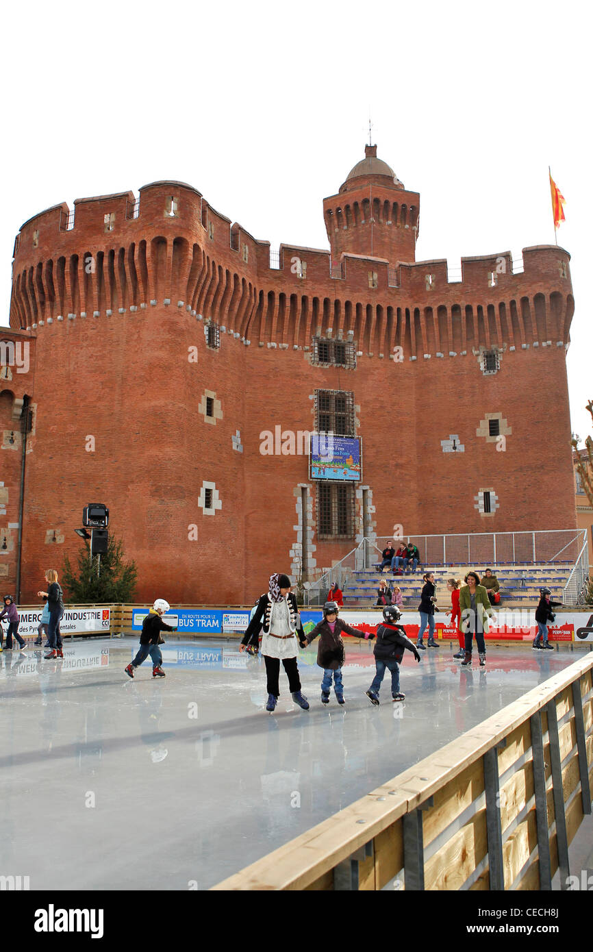 Ice skating rink by the castle in Perpignan, France Stock Photo