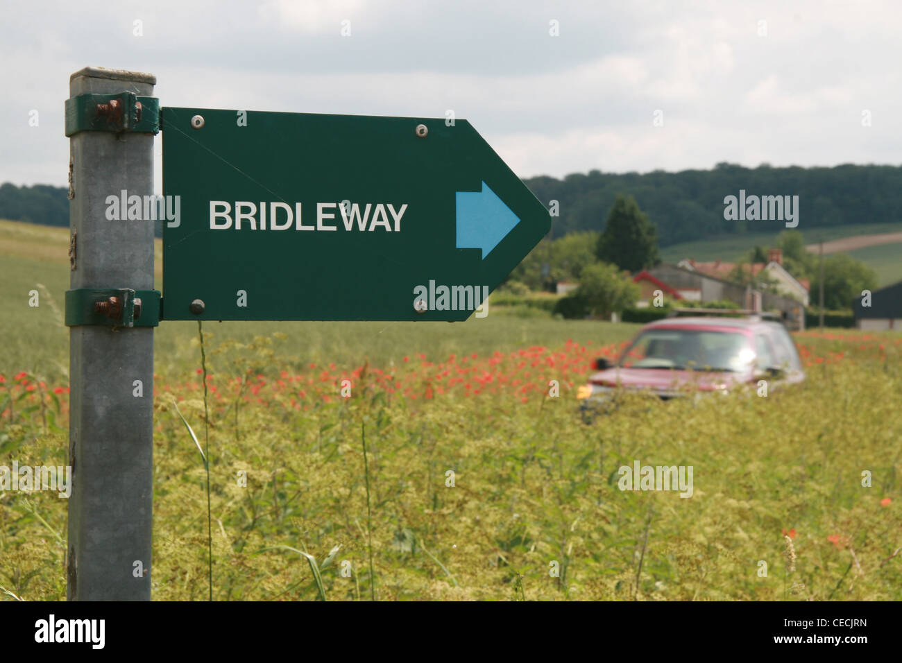 A bridleway sign next to a field of poppies with a car driving along a country lane Stock Photo