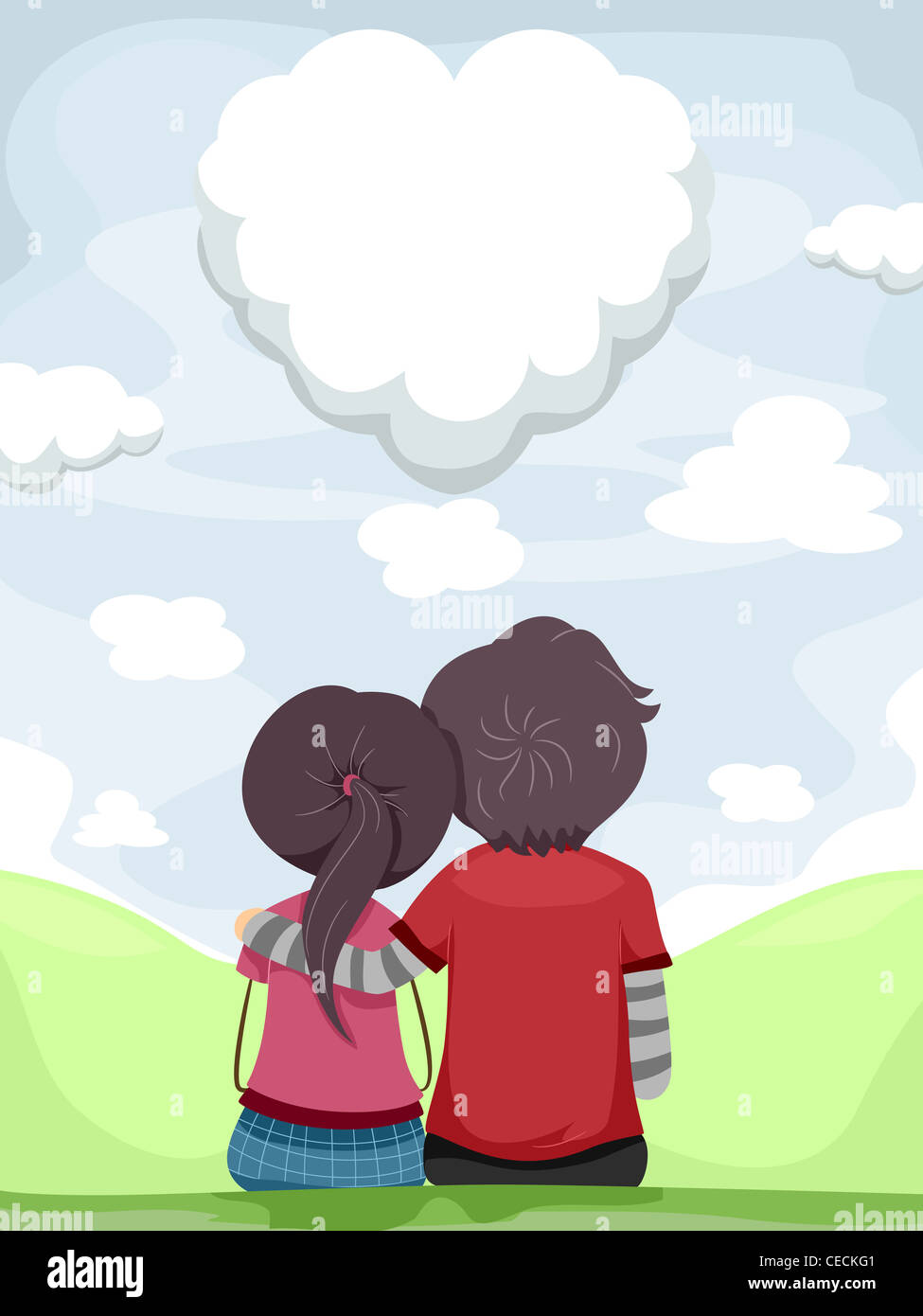 Illustration of a Couple Gazing at the Heart Shaped-cloud Stock Photo ...