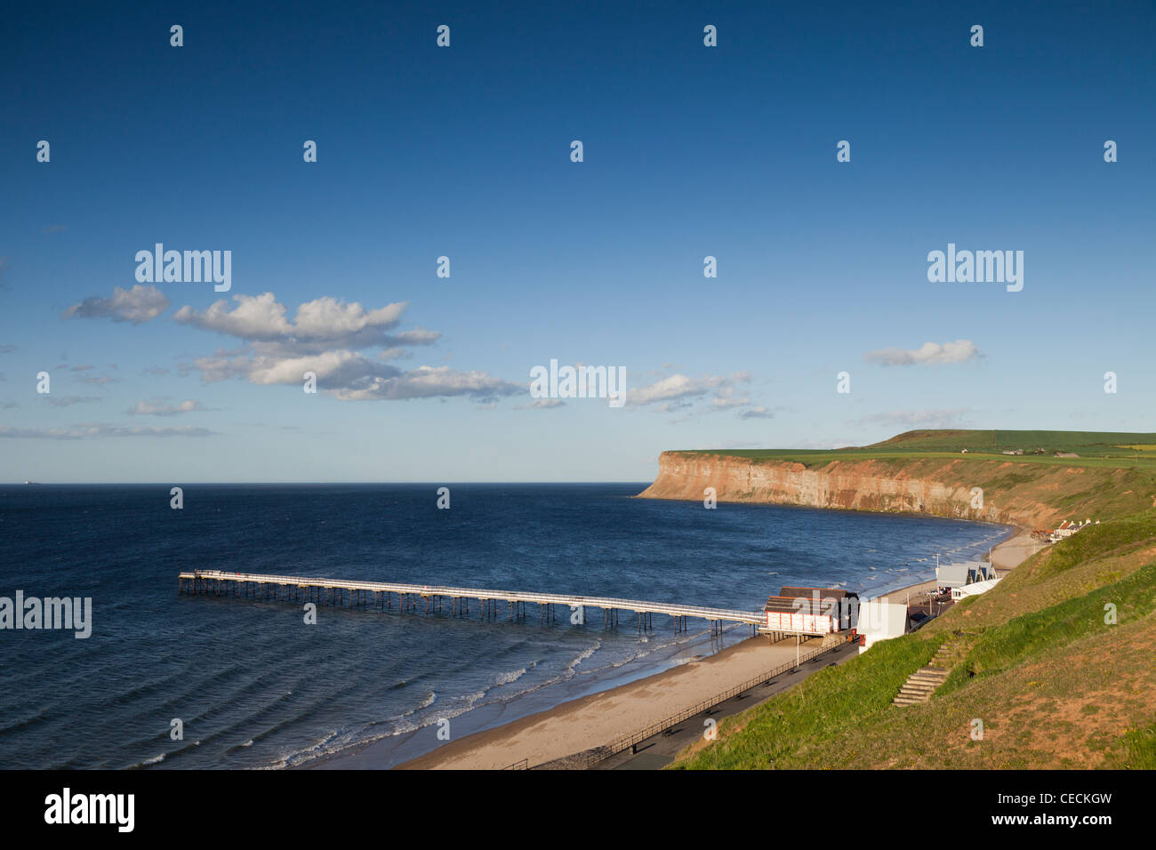 View of Saltburn-by-the-Sea, with the Pier, and Huntcliff beyond, from the upper town. Stock Photo