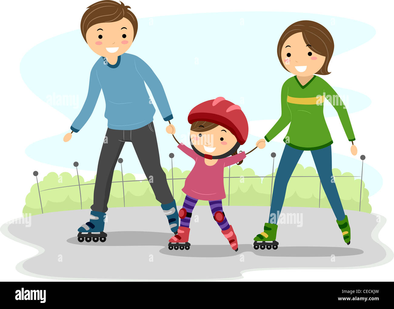 Illustration of Parents Teaching their Kid to Rollerblade Stock Photo