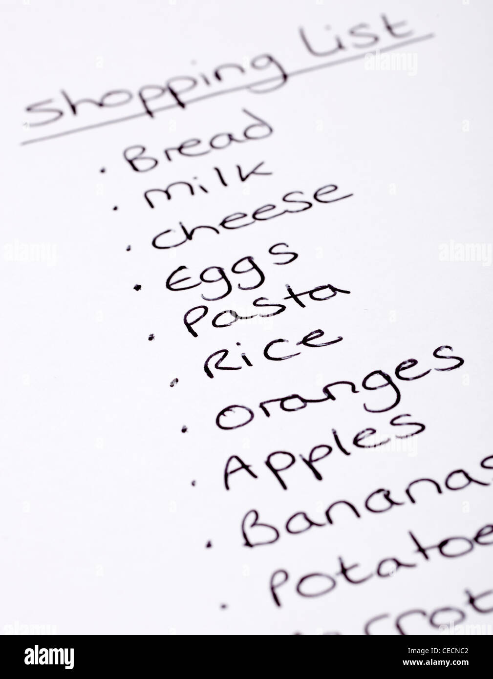 Handwritten grocery shopping list Stock Photo