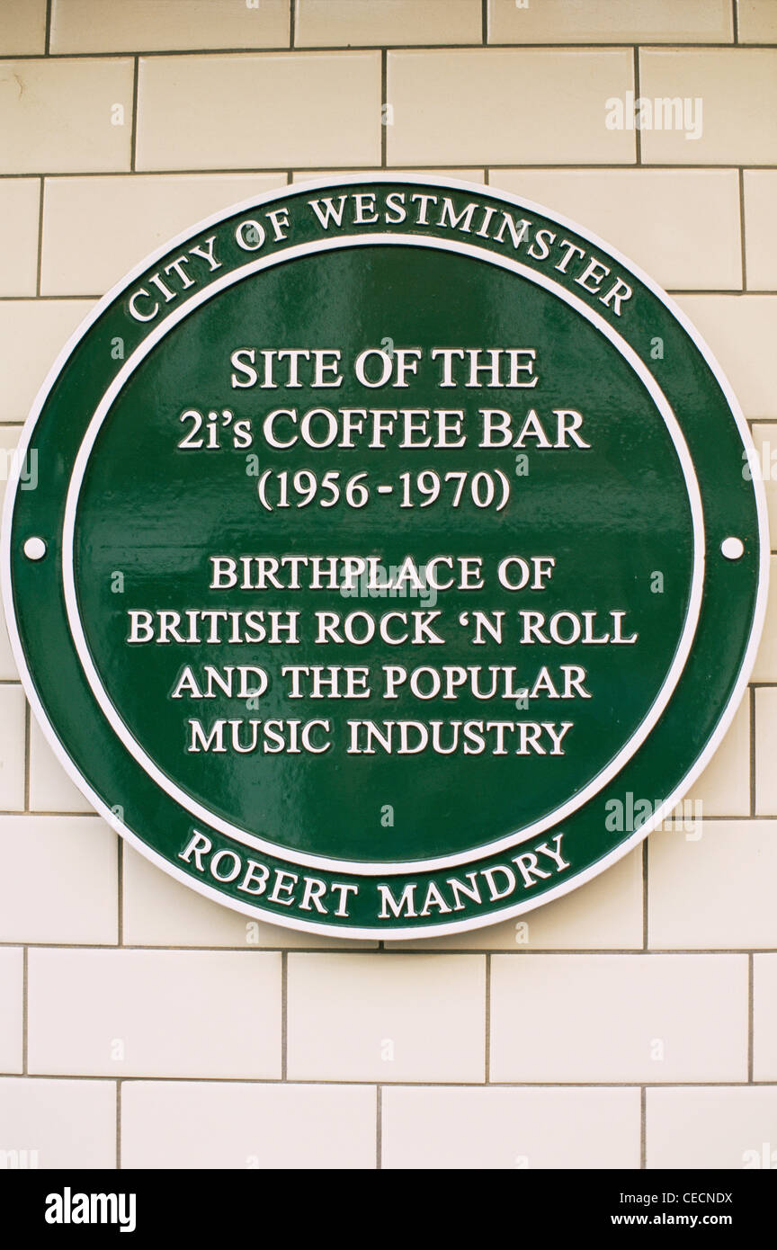 England, London, Soho, The Birthplace of British Rock 'n Roll, 2i's Coffee Bar Plaque Stock Photo