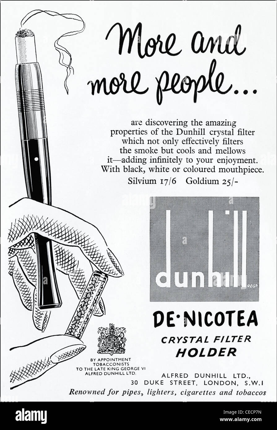 Original advert from 1950s news magazine advertising DUNHILL cigarette filter holder by appointment to the late King George VI Stock Photo