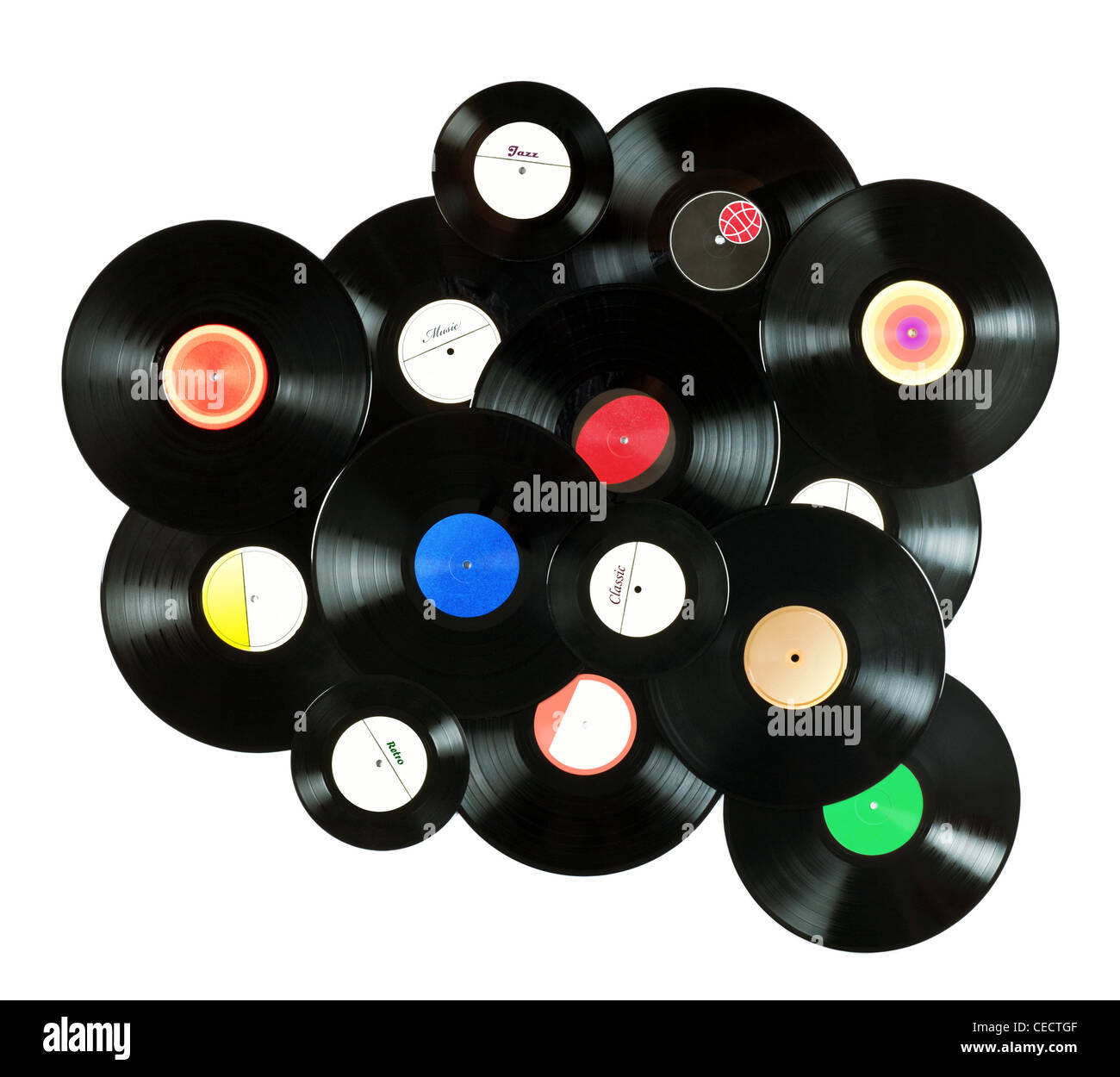 Abstract music colorful background made of vintage vinyl records, isolated over white background, all labels designed by myself Stock Photo