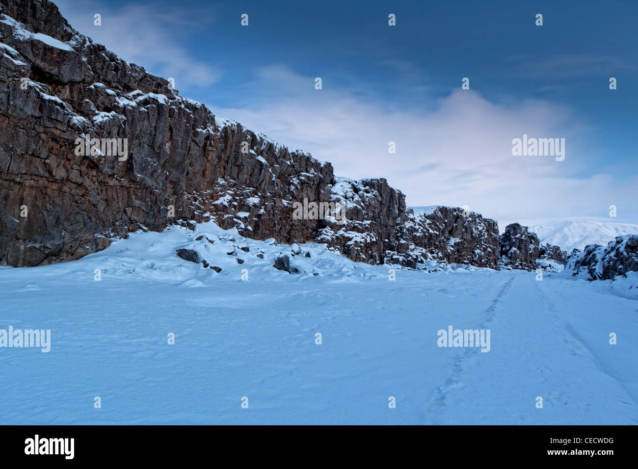 Snow covered Almannagja, Thingvellir National Park, Iceland Stock Photo