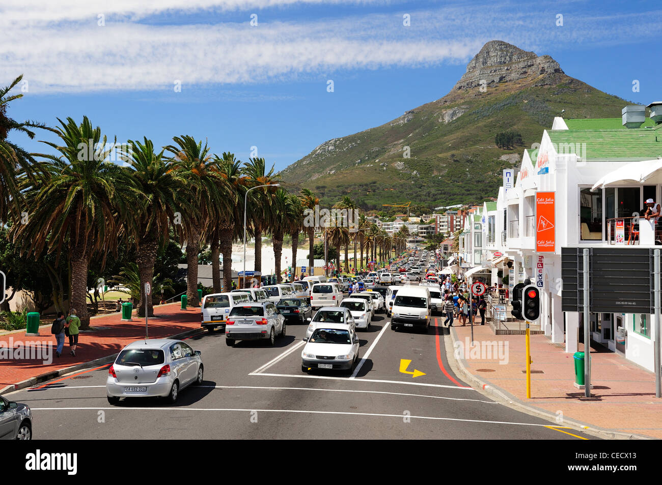 Victoria Road in Camps Bay on Cape Peninsula, South Africa Stock Photo